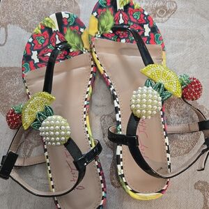 Betsey Johnson Black Sandals with Beaded Fruit Accents